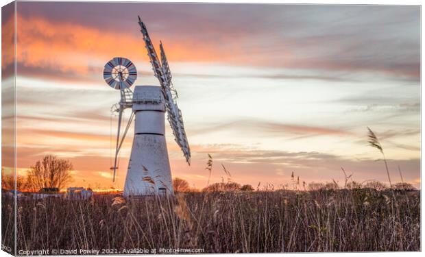 Sunset at Thurne Mill Norfolk  Canvas Print by David Powley
