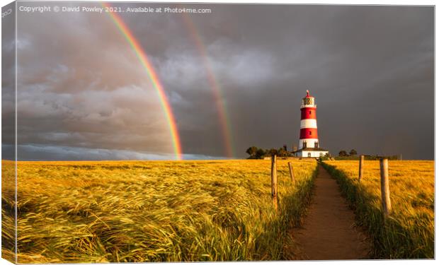 Double Rainbow Over Happisburgh Lighthouse Canvas Print by David Powley