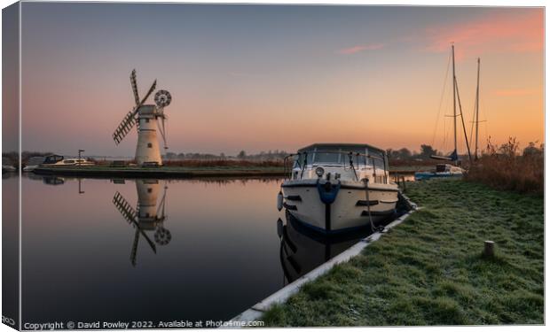 Winter Sunrise Over Thurne Mill Canvas Print by David Powley