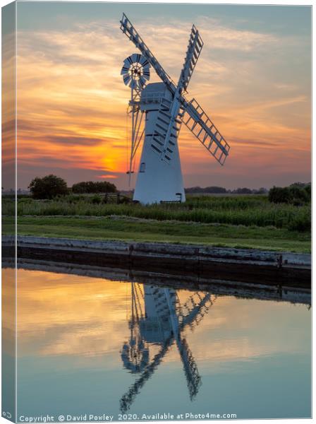 Sunset Reflections at Thurne Mill Canvas Print by David Powley