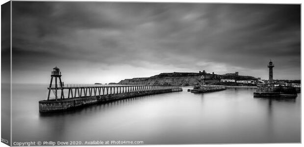 Whitby Piers in Black and White Canvas Print by Phillip Dove LRPS