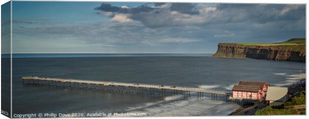 Saltburn Pier and Huntcliff a panoramic image. Canvas Print by Phillip Dove LRPS