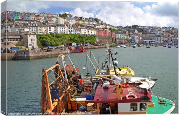 FISHING BOATS IN BRIXHAM HARBOUR, DEVON Canvas Print by SIMON STAPLEY