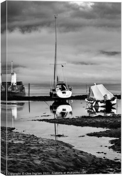 Moody Reflections of Boats in Black and White Canvas Print by Clive Ingram