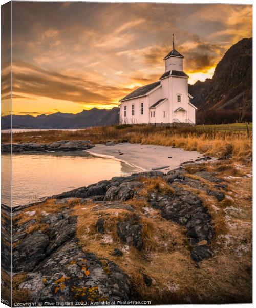 Tranquil Lofoten Church Canvas Print by Clive Ingram