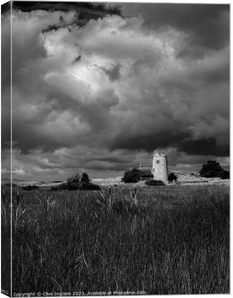 Black and white of the tower at The Snook (Lindisf Canvas Print by Clive Ingram