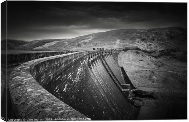 Black and white of Elan Valley dam Canvas Print by Clive Ingram