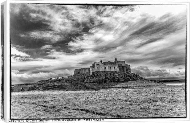 Black and white of Lindisfarne Castle Canvas Print by Clive Ingram