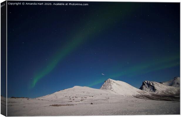 Shooting star amongst the Northern Lights in Norway Canvas Print by Amanda Hart