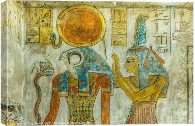 Ancient Painting of the egyptian god Ra and Maat in a tomb Canvas Print by Stig Alenäs