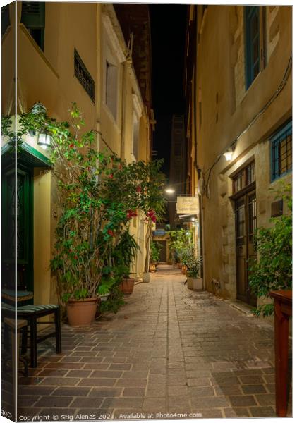 a narrow alley with red flowers lit by lanternas in the old town Canvas Print by Stig Alenäs