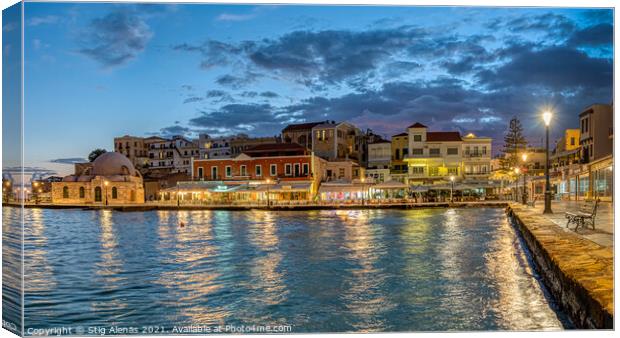 the blue hour in Chania harbour with reflections in the sea Canvas Print by Stig Alenäs