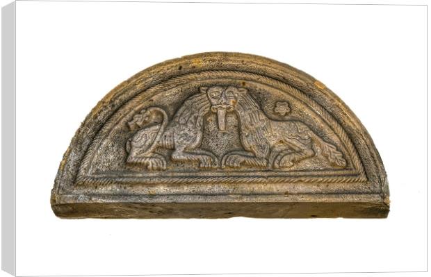 romanesque pediment with two stone lions over an entrence to Lun Canvas Print by Stig Alenäs