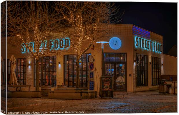 Street Food building in soft light at night in Fredericia Denmark Canvas Print by Stig Alenäs
