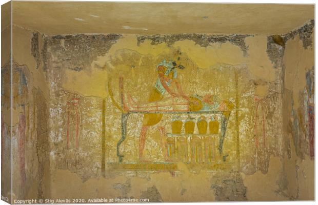 Ancient Painting of the egyptian god Anubis, balming a dead body Canvas Print by Stig Alenäs