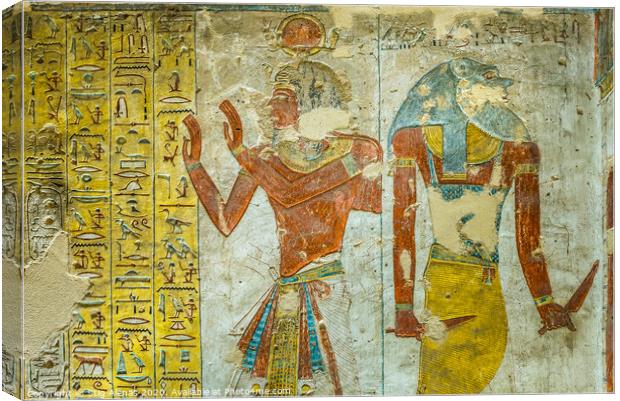 Ancient egyptian painting of two gods in a tomb in the valley of the kings Canvas Print by Stig Alenäs
