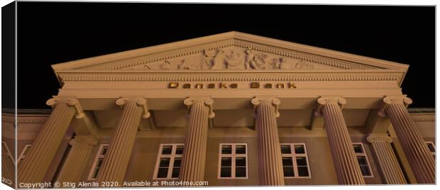 The pediment of the danish bank in Copenhagen at night Canvas Print by Stig Alenäs