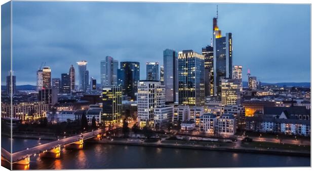 Skyline of Frankfurt Germany with financial district at night - aerial view Canvas Print by Erik Lattwein
