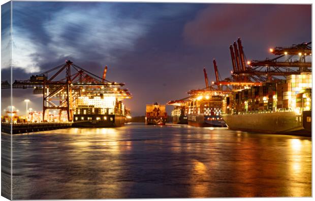 Port of Hamburg with its huge container terminals by night - CIT Canvas Print by Erik Lattwein