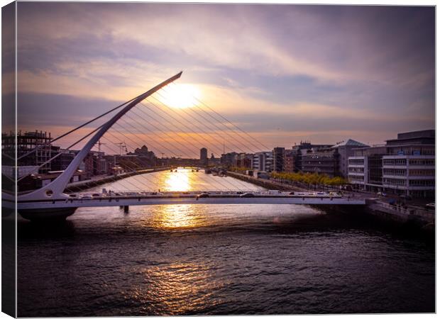 Samuel Beckett Bridge in Dublin at sunset - aerial view Canvas Print by Erik Lattwein