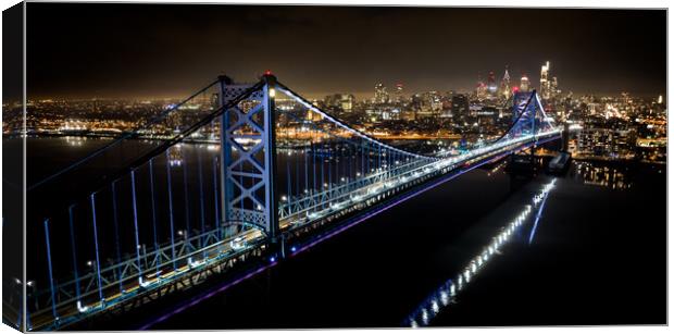 Aerial view over Philadelphia and Ben Franklin Bridge at night - travel photography Canvas Print by Erik Lattwein