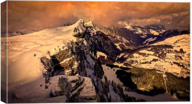 Flight over snow-capped mountains in the Swiss Alp Canvas Print by Erik Lattwein