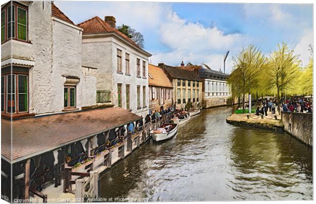 Bruges canal jetty - CR2304-8974-OIL Canvas Print by Jordi Carrio
