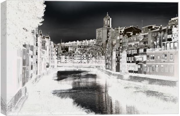 View of the city of Girona - B&W, duplex effect Canvas Print by Jordi Carrio