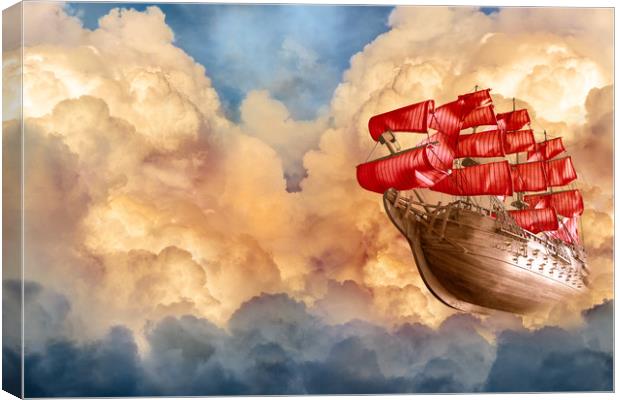 Romantic sailing ship flying in sunset clouds  Canvas Print by Svetlana Radayeva