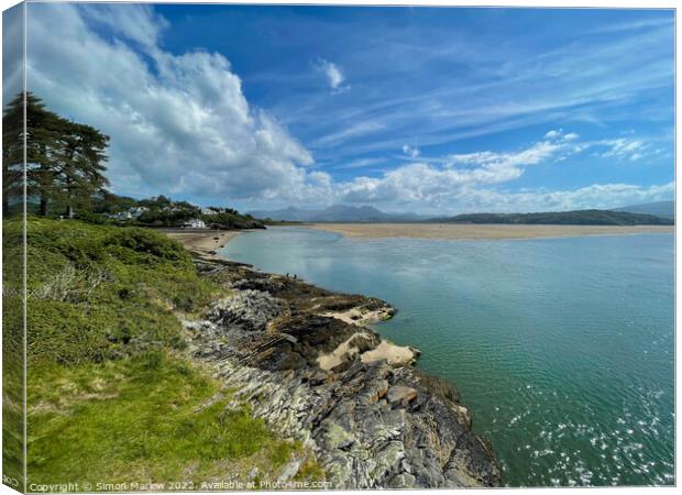 Looking across the sand at Borth Y Gest in North Wales Canvas Print by Simon Marlow