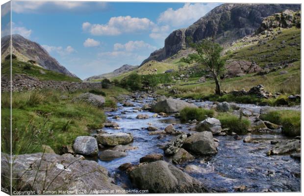 Looking up the river at Capel Curig, Snowdonia Canvas Print by Simon Marlow
