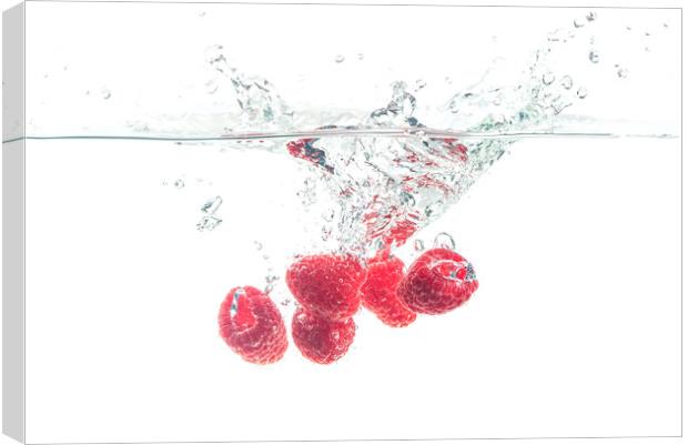Raspberries splashing in water on white Canvas Print by Przemek Iciak
