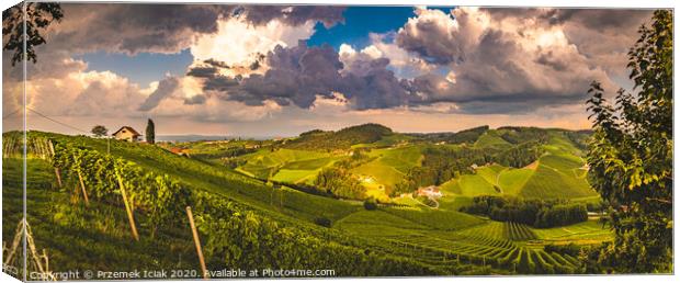 Vineyards in Austria panorama, famous destination with wine road in south Styria. Wine country in summer. Tourist destination. Canvas Print by Przemek Iciak