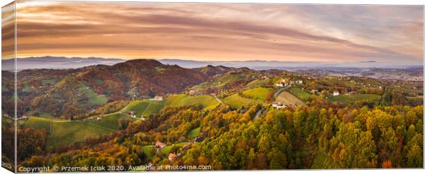 Aerial panorama of Vineyard on an Austrian countryside with a church in the background Canvas Print by Przemek Iciak