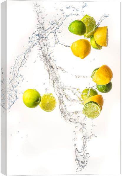 Fresh limes and lemons with water splash in midair, isolated on white background Canvas Print by Przemek Iciak
