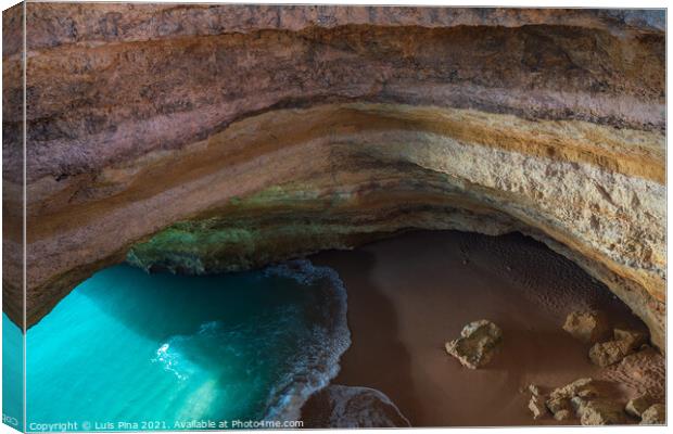 Benagil wild hidden secret cave beach top view above with turquoise paradise water in Carvoeiro, Portugal Canvas Print by Luis Pina