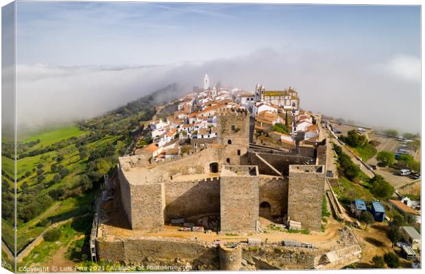 Monsaraz drone aerial view on the clouds in Alentejo, Portugal Canvas Print by Luis Pina