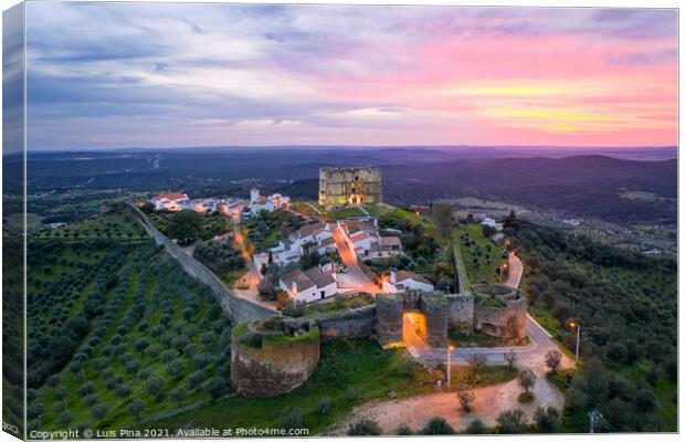 Evoramonte drone aerial view of village and castle at sunset in Alentejo, Portugal Canvas Print by Luis Pina