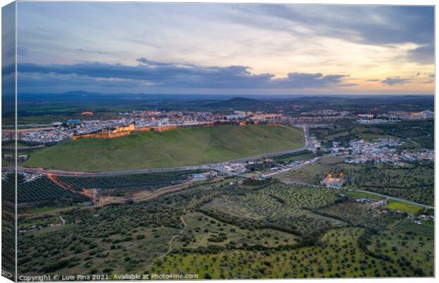 Elvas cityscape drone aerial panoramic view with beautiful green landscape of Alentejo, in Portugal Canvas Print by Luis Pina