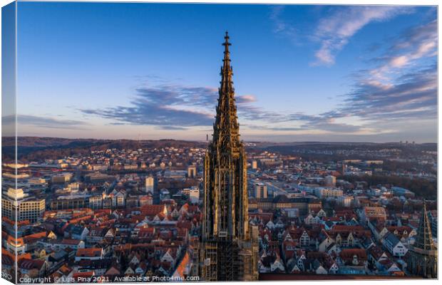 Aerial shot taken with a drone of Ulm Minster at sunrise, in Germany Canvas Print by Luis Pina