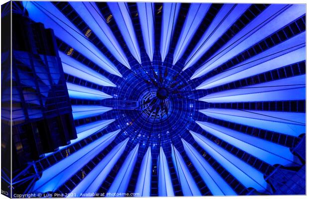 Sony Center in Berlin at night with purple lights on the ceiling Canvas Print by Luis Pina