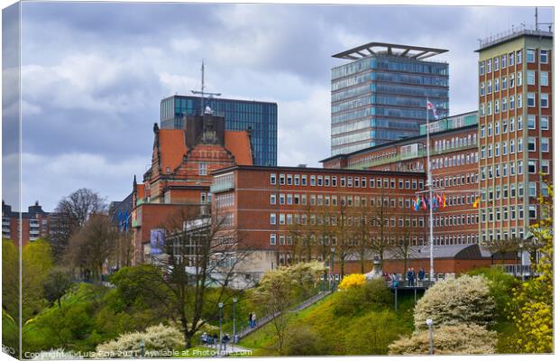 Buildings on the St. Pauli area in Hamburg from the Landungsbruecken Train Station Canvas Print by Luis Pina