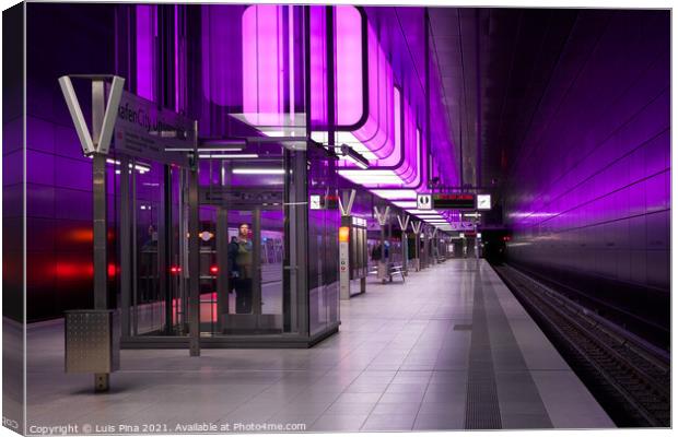 Subway station with purple lights at University on the Speicherstadt area in Hamburg Canvas Print by Luis Pina
