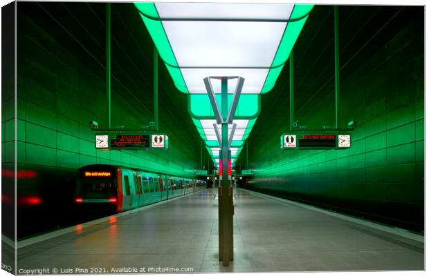 Subway station with green lights at University on the Speicherstadt area in Hamburg Canvas Print by Luis Pina