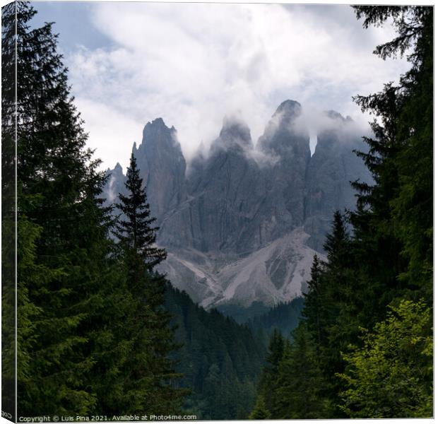 View of Furchetta mountain between trees on the Dolomites Italian Alps mountains Canvas Print by Luis Pina