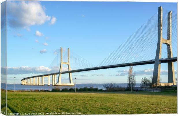 Ponte Vasco da Gama Bridge view from a garden park during the day Canvas Print by Luis Pina