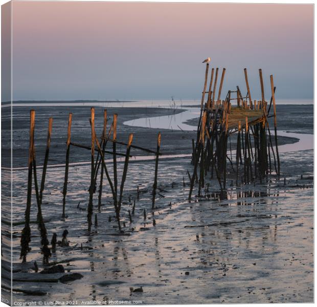 Carrasqueira Palafitic Pier in Comporta, Portugal at sunset Canvas Print by Luis Pina