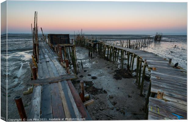 Carrasqueira Palafitic Pier in Comporta, Portugal at sunset Canvas Print by Luis Pina