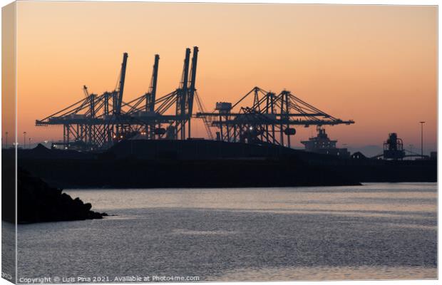 Sines container port terminal with cranes at sunset, in Portugal Canvas Print by Luis Pina