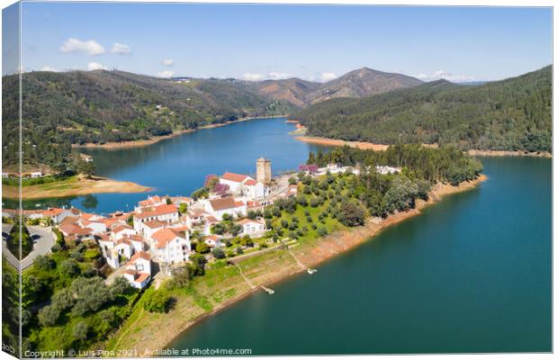 Dornes drone aerial view of city and landscape with river Zezere in Portugal Canvas Print by Luis Pina